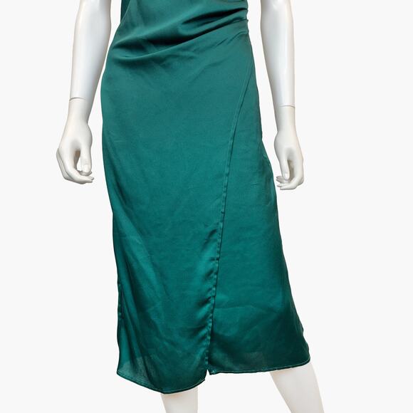 NWT 2BELLA "Sausalito" Satin Asymmetric Wrap Slit Midi Dress (Emerald | Size S) - Picture 5 of 9